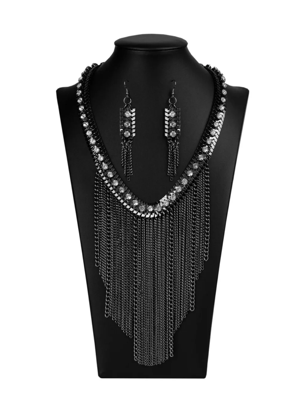 Sassy Statement Black Rhinestone Fringe Necklace & Earrings - Picture 3 of 4